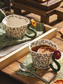 DearDali 1pc Hand-Painted Vine & Floral Ceramic Mug With 3D Flower Handle And Wavy Rim, French Vintage Pastoral INS Style Coffee Cup For Tea, Latte, Milk, Juice, Home Afternoon Tea, Creative Holiday Gift - Multicolor - View 2