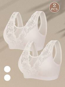 MEIYATING 2pcs Women's Full Coverage Plus Size Thin Cup Mesh Lace Wireless Soft Bra Comfortable Solid Color Tank Style - White - View 2