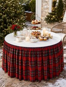 1pc Red Plaid Table Skirt, Festive Polyester Round Elastic Table Cover Skirt With Classic Tartan Print, Gathered Pleated Edge For Dessert Table, Buffet Table, Cake Display, Party Supplies, Christmas Holiday Home Decor - Multicolor - View 5