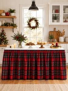 1pc Red Plaid Table Skirt, Festive Polyester Round Elastic Table Cover Skirt With Classic Tartan Print, Gathered Pleated Edge For Dessert Table, Buffet Table, Cake Display, Party Supplies, Christmas Holiday Home Decor - Multicolor - View 6