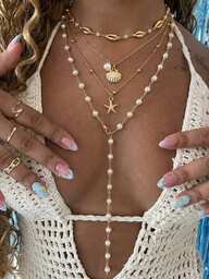 3pcs Multi-Layer Vintage Bohemian Style Metal Pearl Starfish Pendant Tassel Necklace Set Y-Shaped Chain Suitable For Daily Wear And Beach Vacation Women's Jewelry