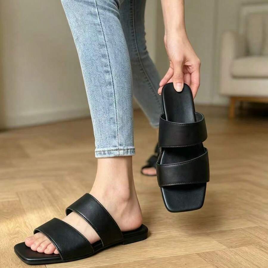 Women's Square Toe Solid Color Fashion Minimalist Soft Comfortable Indoor/Outdoor Flat Slippers - Black - View 1