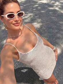 VIVINA 女款優雅條紋修身休閒細肩帶短洋裝，秋季女裝，休閒洋裝，優雅服飾，百搭秋季洋裝 - 白色 - 查看 8