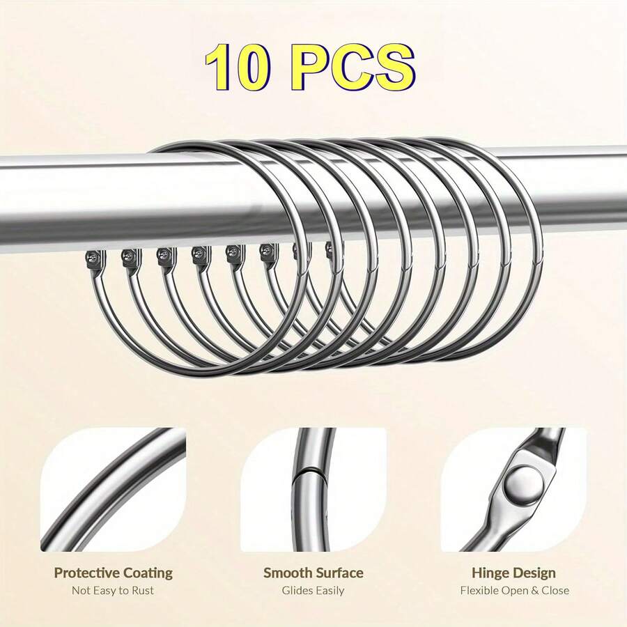 10pcs Metal Shower Curtain Rings, Anti-Drop Round Shower Curtain Hooks, Rust-Proof Shower Curtain Rod Hooks, Smooth Sliding Shower Curtain Rings, Easy Installation, Bathroom Shower Curtain Accessories, Suitable For Standard Shower Curtain Rods - Silver - View 1