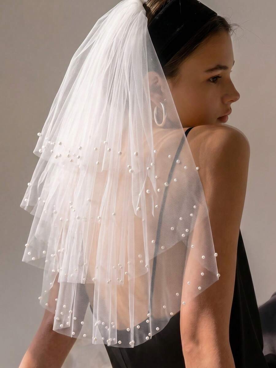 1pc Multi-Layer Tulle Faux Pearl Decor Short Veil With Hair Comb, Bridal Wedding Ceremony, Bachelorette Party, Wedding Photography Accessory