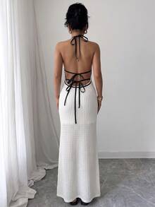 Women's Floral Bud Trim Deep V-Neck Sexy Halter Dress - White - View 2