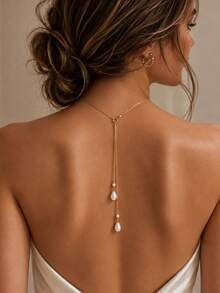 1pc Water Drop Pearl Y-Shaped Back Chain Wedding Dress Accessory, Backless Wedding Pearl Necklace - Gold - View 1