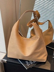 極簡風個性化 PU 布料女款單肩包，時尚百搭卡其色大容量收納托特包/通勤包 - 淺卡其色 - 查看 7