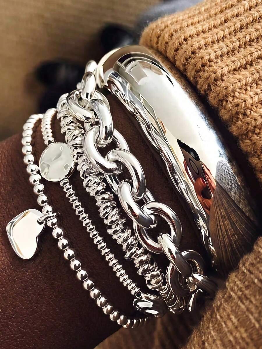 5pcs Vintage Personalized Exaggerated Asymmetrical Alloy Wide Cuff Bracelet Set - Silver - View 1