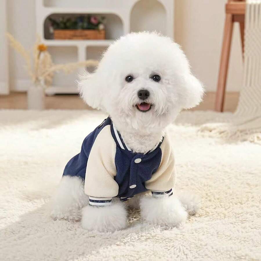 1pc Pet Dog Baseball Jacket, Warm Fleece Winter Dog Coat With D‑Ring, Patch Design Casual Puppy Baseball Outfit, Soft Pet Clothes For Small Medium Dogs