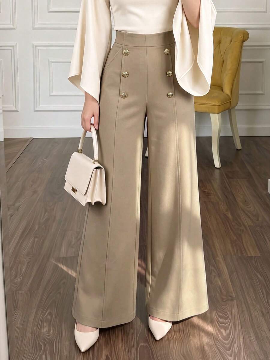 Women's Khaki High Waist Double Row Metal Button Wide Leg Suit Pants, Commuter Business Elegant Pants - Khaki - View 1