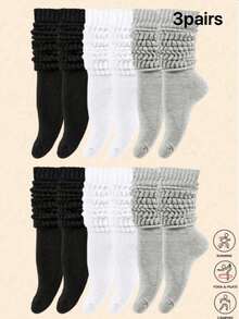 3 Pares/Conjunto de Meias Femininas da Moda até a Panturrilha, Meias até o Joelho, Meias de Barco, Adequadas como Meias Slouch, Artesanato de Tricô de Dupla Camada, Usáveis em Todas as Estações 1/6 Pares - Multicolorido - Visão 8