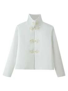 Women's Autumn Elegant New Chinese Style Stand Collar Frog Button Short Jacket, Loose Wide Sleeve Casual Jacket - White - View 8