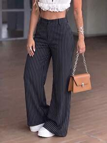 Women's Black Polyester Pinstripe Wide Leg Pants, Zipper And Button Closure, Long Non-Stretch Formal Trousers - Multicolor - View 3