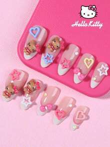 Sanrio Hello Kitty 24片杏白色法式指尖穿戴甲，附可愛3D Hello Kitty、蝴蝶結與星星裝飾設計，完美貼合壓克力假指甲套組，含1個果凍膠與1個指甲锉，適合女性女孩日常、派對與聚會使用 - 彩色 - 查看 2