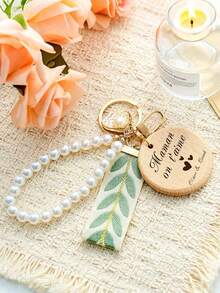 Personalized Engraved Name Keyring, Fabric Leaf Lanyard With Faux Pearl Wrist Chain & Shell Pearl Charm Pendant - Multicolor - View 4