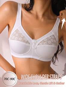 1pc Casual Comfortable Minimalist Women's Bra With Lace Patchwork, Wire-Free Back Design Lingerie - White - View 4