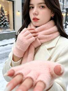 1 Pair Of Women's Open Finger Knitted Plush Gloves, Suitable For Winter Gloves, Essential For Travel And Keeping Warm - One Size - View 4