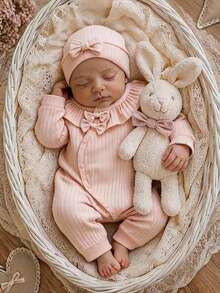 Mono suave y amigable con la piel para bebé niña, color rosa, cuello redondo de manga larga con volantes, decoración de moño, cierre delantero de botones, para todas las estaciones - Rosa - Ver 1