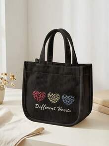 1pc Love Print Corduroy Tote Bag, Snap Button Closure Cute Handbag, Reusable Lunch Tote Bag For Student School Daily Outdoor Shopping Use - Multicolor - View 14