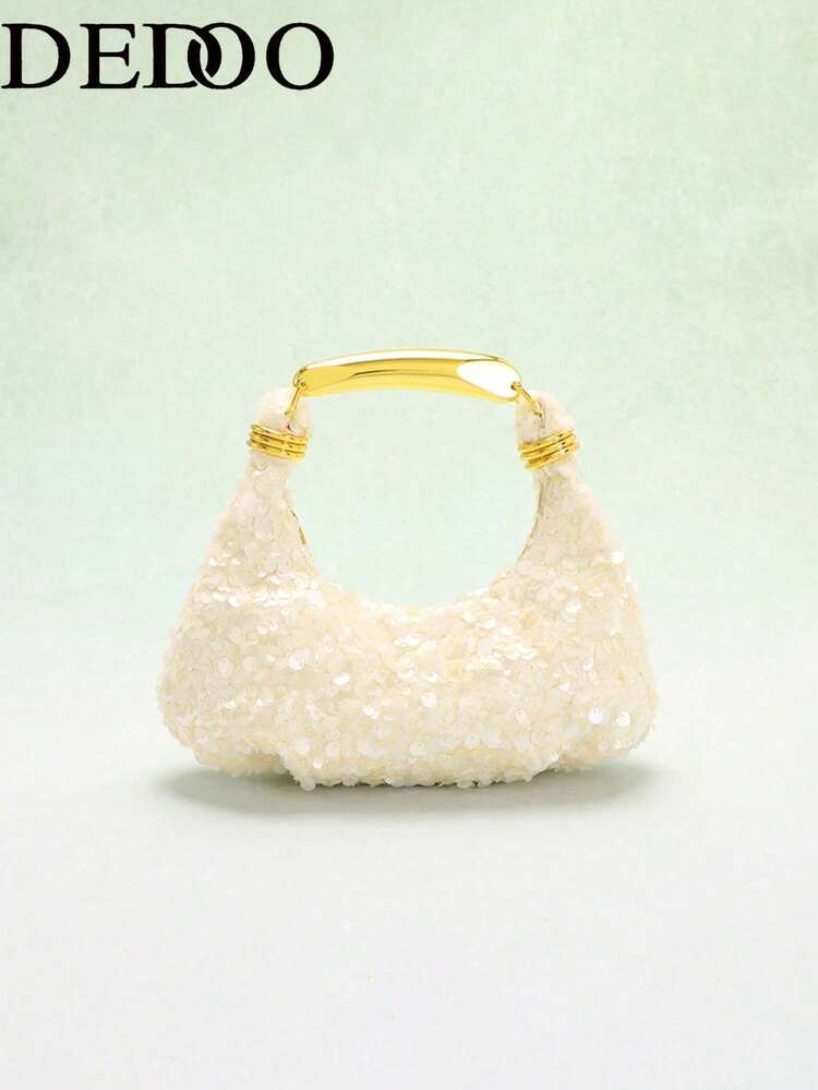 Dedoo Women Hobo Handbag, Mini Crescent Bag, All-Over Sequin Decor, Metal Handle, Portable, Elegant Luxury Bag For Party Wedding Daily Ladies - Beige - View 2