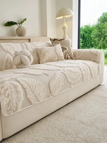 SANMOSPIN 1PC Bohemian Style Sofa Cover, Thick Quilted Sofa Cushion With Leaf Pattern, Soft And Comfortable, Pet-Friendly, Machine Washable, Suitable For 1/2/3/4 Seater L-Shaped Sofa, Living Room, Bedroom, Office Decor - Beige - View 1