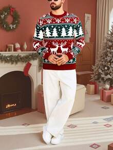 Men's Autumn/Winter Christmas New Crew Neck Knit Sweater, Essential For Christmas, Casual Business, Versatile Commute, Holiday Wear - Red - View 5
