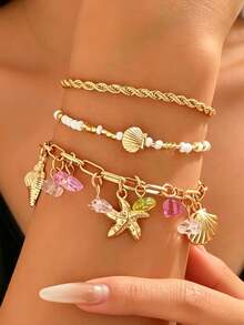 3pcs/Set Beach Rice Bead & Shell Bracelet Set, Summer Versatile Starfish & Shell Rice Bead Bracelet Set - Gold - View 4