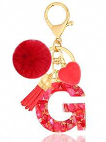 Cute Initial Red Heart Gold Foil Stone Tassel Pom Pom Keychain Resin Drip Glue Minimalist Personalized Key Chain For Women Bags Daily Wear And Gift - Red - View 23