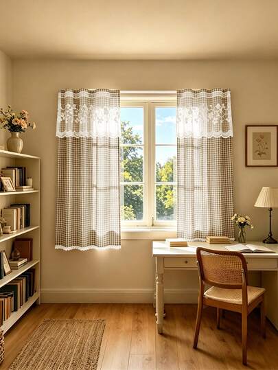 1 pièce Rideau à carreaux, style Mori, bordure en dentelle artistique, patchwork floral 3D transparent, ourlet à pompons, rideau occultant doux, convient pour la chambre d'enfant, le balcon, la maison