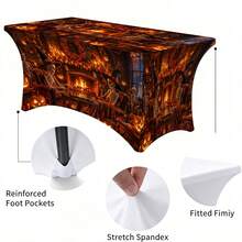 1pc Halloween Pattern Printed High Elasticity Tablecloth With Elastic Band - Stretchable Fit, Washable And Reusable Table Cover Suitable For Dining Table, Buffet Table, Dessert Table, Banquet, Holiday Party Decoration, Halloween, Birthday, Wedding - Suitable For Kitchen Use - Multicolor - View 4