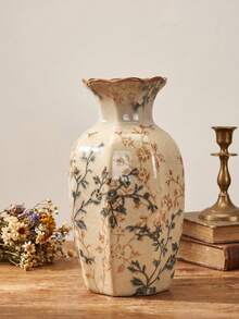 1pc Lovien Vintage Floral Pattern Ceramic Vase, Crackle Glaze Finish, Hexagonal Shape, Dark Rim, Rustic Style - 1PC - View 1