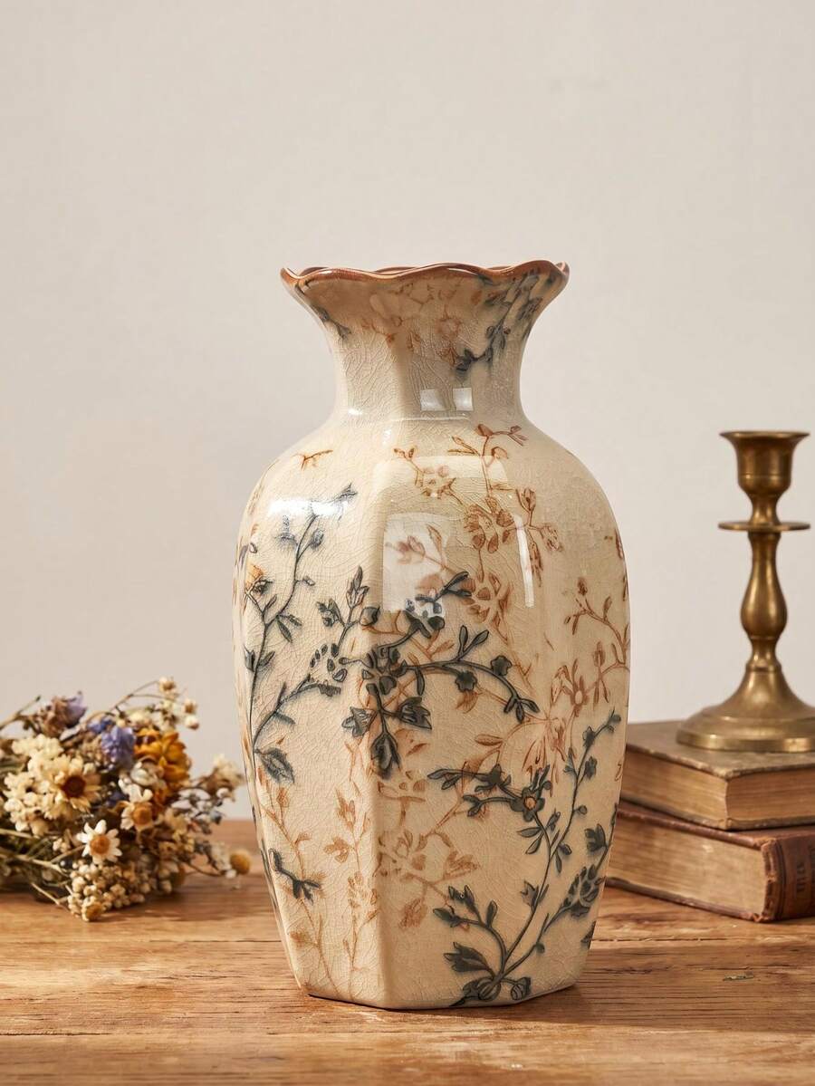 1pc Lovien Vintage Floral Pattern Ceramic Vase, Crackle Glaze Finish, Hexagonal Shape, Dark Rim, Rustic Style - 1PC - View 1