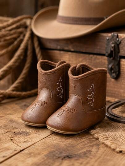 Infant Boys' Brown Western Cowboy Boots, Vintage Wing Embroidery, Soft Lining, Flat Sole, Newborn Autumn Walking Shoes