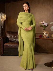 Elegant Women's Long Sleeve Round Neck Mermaid Dress, Asymmetric Ruffle Hem, Green Woven Fabric, Showcasing Charming Style - Olive Green - View 4