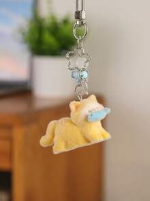 Flocked Cat Keychain Pendant, Cute Kitten Biting Fish Charm With Beads, Cartoon Animal Hanging Ornament, Suitable For Backpacks, Bags, Wallets, Fashionable Phone Accessory, Sweet Gift For Women And Girls - Multicolor - View 3