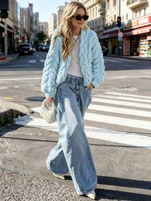 Women's Casual Commuter Ribbed Loose Knit Long Sleeve Regular Fit Cropped Cardigan, Back To School Season - Blue - View 1