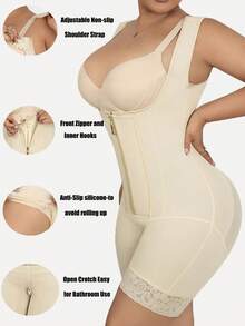Plus Size Women High Waist Slimming & Lifting Solid Color Romper Shorts - Khaki - View 7