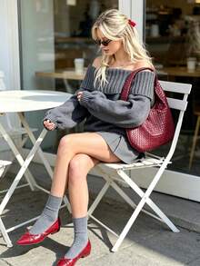Women's Slouchy Off-Shoulder Sweater, Loose Fit Dropped Shoulder Chunky Knit Long Sleeve Pullover Top, Autumn/Winter - Grey - View 3