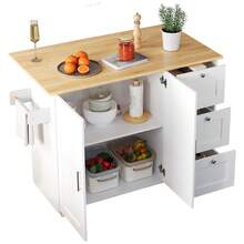 With Storage Adjustable Foldable Kitchen Island White With Storage Adjustable Made Of For Kitchen - 原木色與白色 - 查看 4