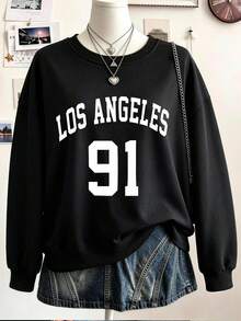Los Angeles 91 圖案印花，柔軟透氣，女款大尺碼上衣，圓領運動衫，適合秋冬穿著 - 黑色 - 查看 1