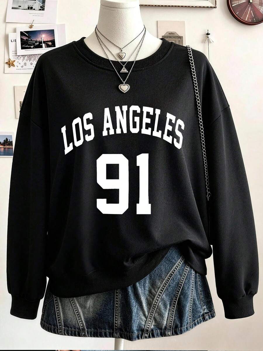 Los Angeles 91 圖案印花,柔軟透氣,女款大尺碼上衣,圓領運動衫,適合秋冬穿著 - 黑色 - 查看 1