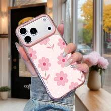 1 Stück modische minimalistische rosa Blumenmuster Kontrastfarbe Innenwelle 2-in-1 Acrylmaterial stoßfeste Handyhülle, Hautgefühl, galvanisierter Objektivrahmen, transparente Handy-Schutzhülle, geeignet für iPhone17promax/iPhone16 15 14 13 12 11/kompatibel mit Samsung S26ULTRA/S25ULTRA/S24ULTRA/ A58/A60/A78/ C53/C85/C71/C75/Honor Serie. - Pink - Übersicht 2