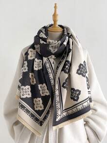 1PC Women's Autumn/Winter Double-Sided Faux Cashmere Floral Jacquard Warm Scarf Shawl, Suitable For Daily Wear - Black and White - View 3