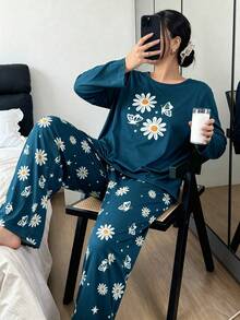 Setelan Piyama Wanita Ukuran Besar Motif Bunga & Kupu-kupu Lengan Panjang dan Celana Panjang, 2 Potong, Pakaian Santai Musim Gugur/Dingin - Biru - View 4