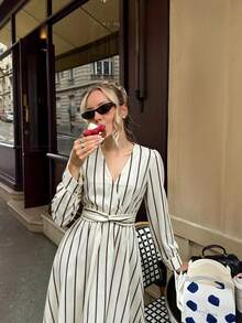 Women's Striped V-Neck Casual Spring/Autumn Travel Minimalist Cinched Waist Dress - Apricot - View 2