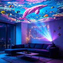 1個便攜式USB海洋生物投影小夜燈，附4款可替換海洋主題幻燈片圖案：粉色鯨魚、水母、粉色海豚和藍色鯨魚，LED氛圍燈，360°自由旋轉，適合床頭夜燈 - 黑色 - 查看 9