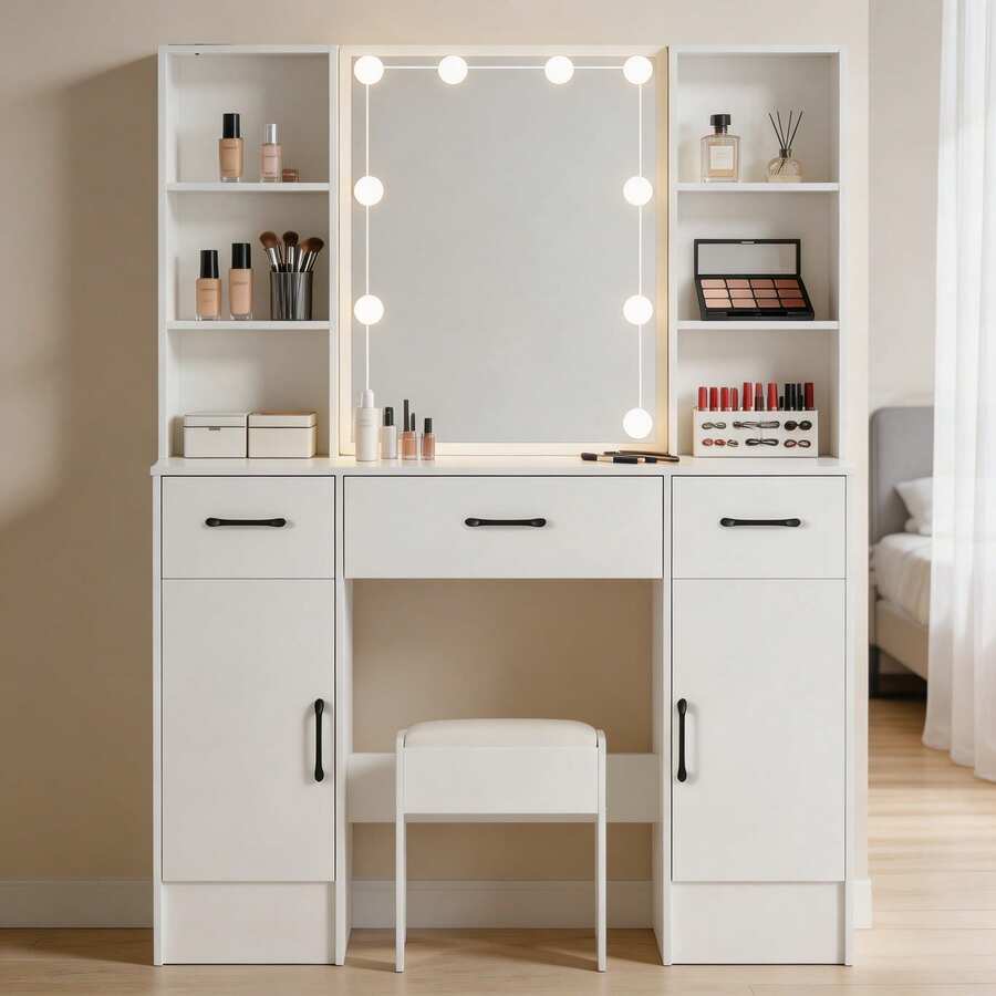 Teousev Dressing Table With LED Lighted Mirror & Stool, Vanity Makeup Desk With Side Open Shelves, Drawers And Storage Cabinets, White Cosmetic Dressing Table Set For Bedroom - White - View 1