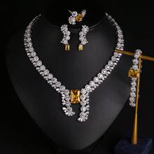 4 piezas/1 set Conjunto de joyería de moda para mujer, aretes, collar, pulsera, anillo, combinación de joyería, diseño único con incrustaciones de circonita, adecuado para uso en vacaciones | fiestas | banquetes, regalo - Conjunto de joyas - Ver 2