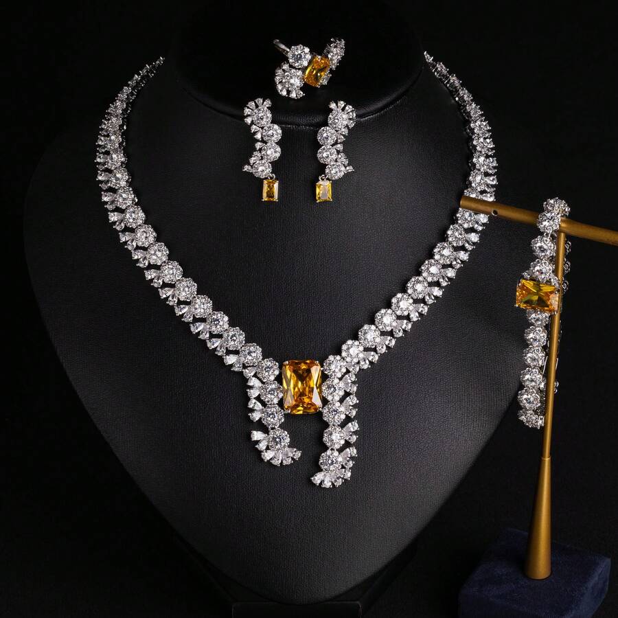 4 piezas/1 set Conjunto de joyería de moda para mujer, aretes, collar, pulsera, anillo, combinación de joyería, diseño único con incrustaciones de circonita, adecuado para uso en vacaciones | fiestas | banquetes, regalo